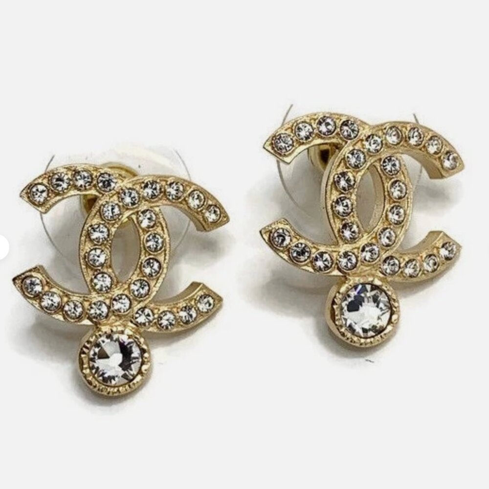 Authentic Chanel CC Earrings With Crystals Gold Hardware Brand New In Box